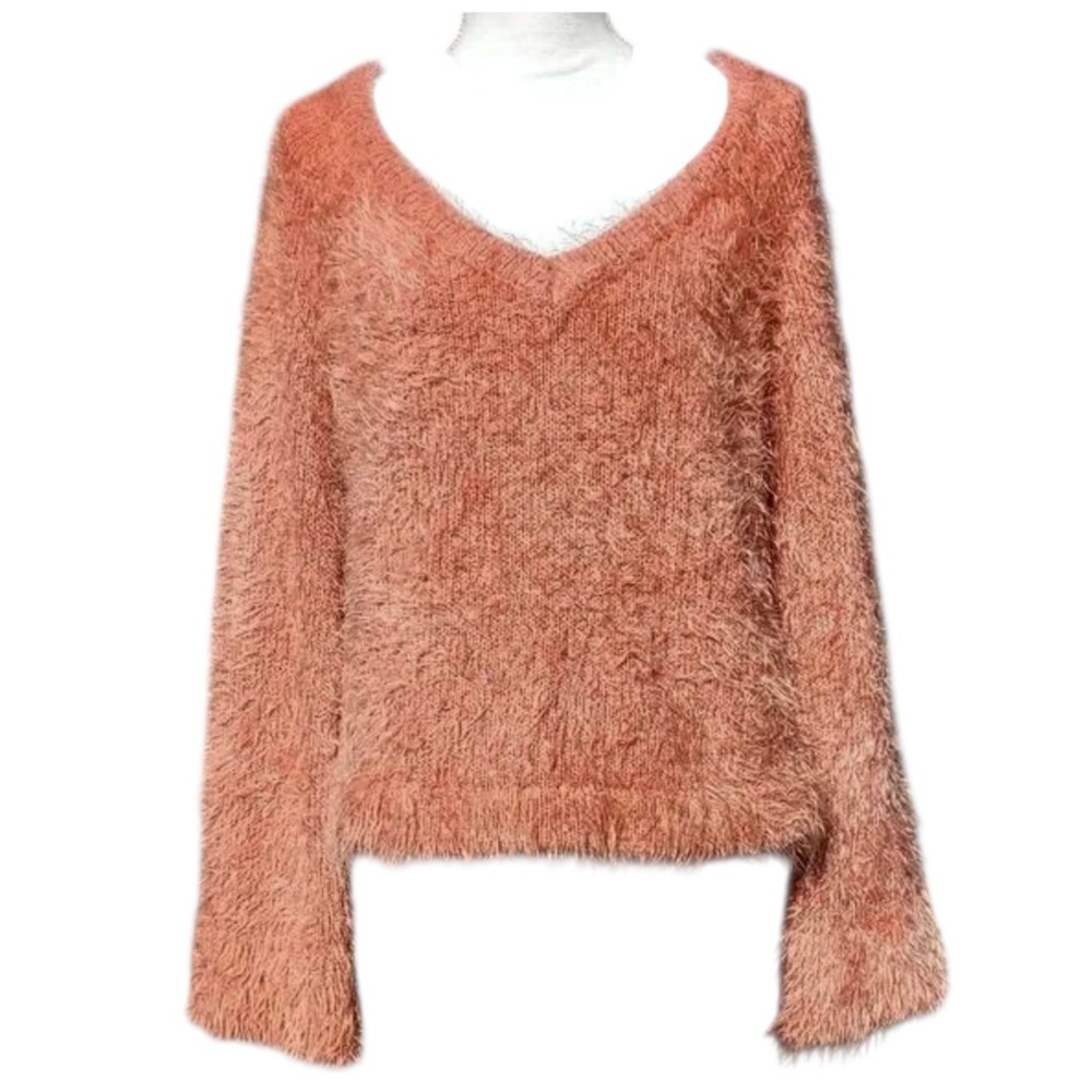 4SI3NNA Pink V-Neck Eyelash Sweater Bell Sleeves Fluffy Knit Cozy Fuzzy Med Y2K - Picture 4 of 14